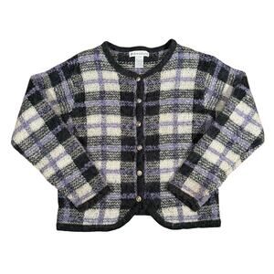 Vintage 90s Fuzzy Plaid Wool Cardigan Button Sweater Black Purple White Small